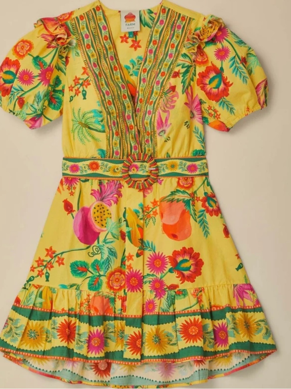 FARM Rio Yellow Delicate Fruit Garden Organic Cotton Mini Dress Size M NWOT - Picture 2 of 12